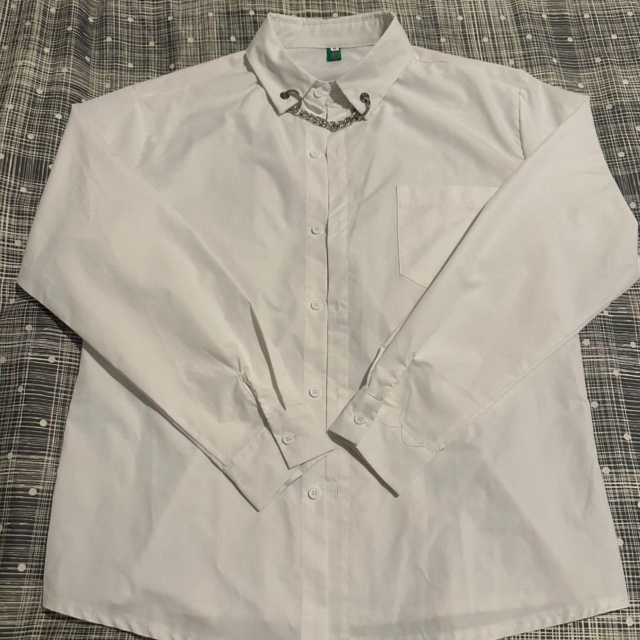 white unisex dress shirt with chain stylish white... - Depop