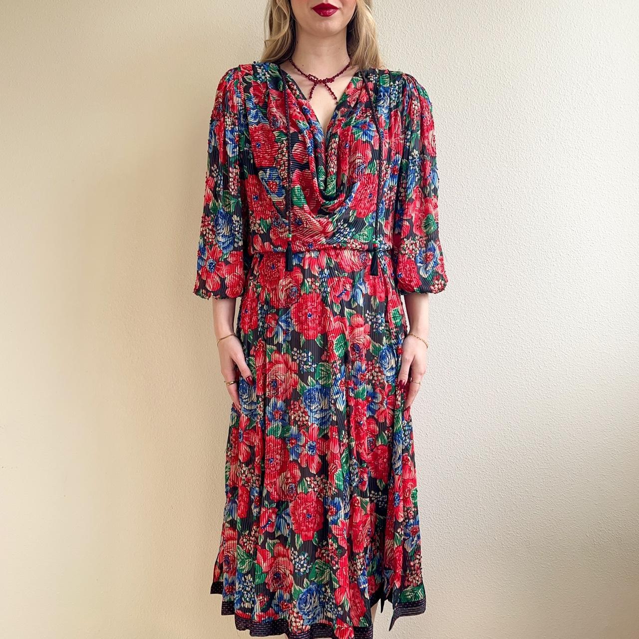 Vintage 1980s Diane Freis Red Floral Dress With