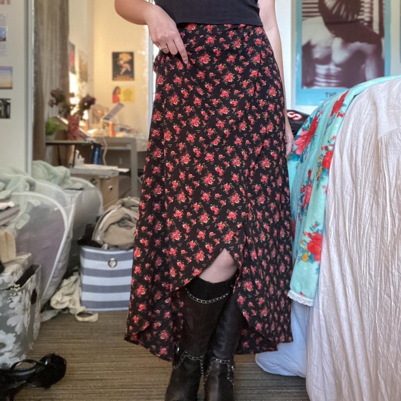 maxi skirt with red roses. brand unknown. altered to... - Depop