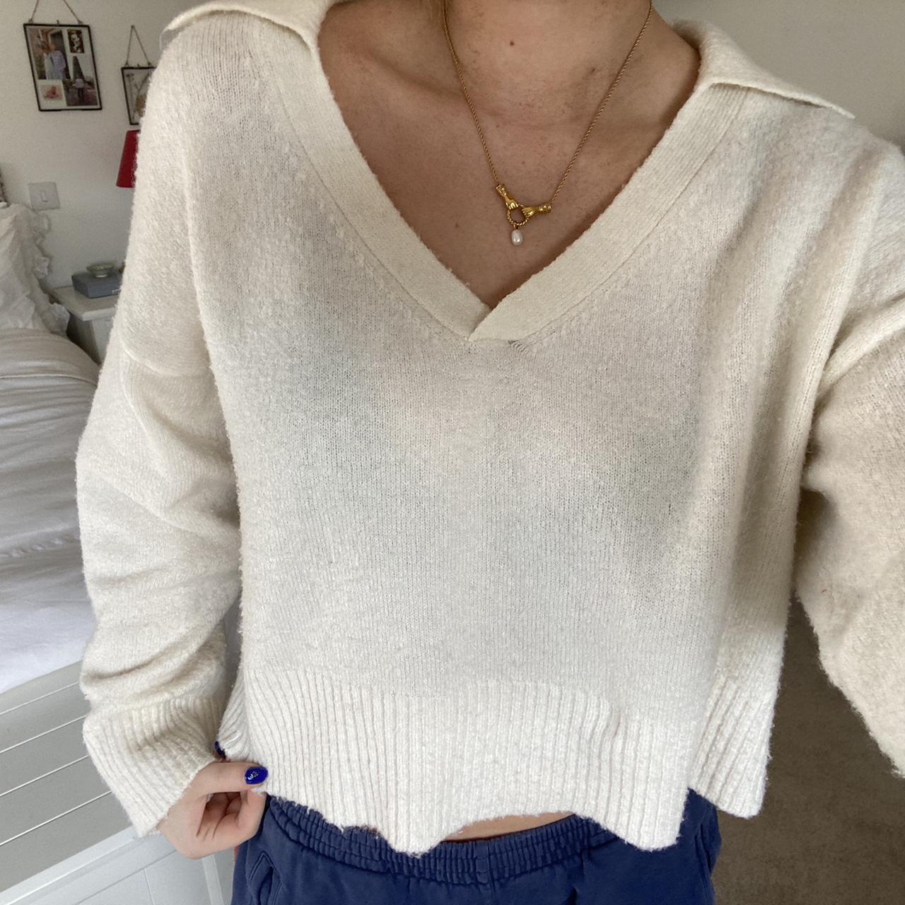 cream v neck jumper so comfy size XS small stain... Depop