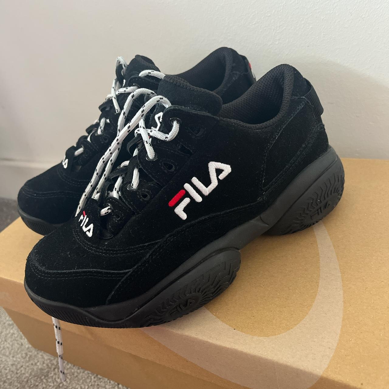 Black chunky Fila trainers size 3. Only used... - Depop