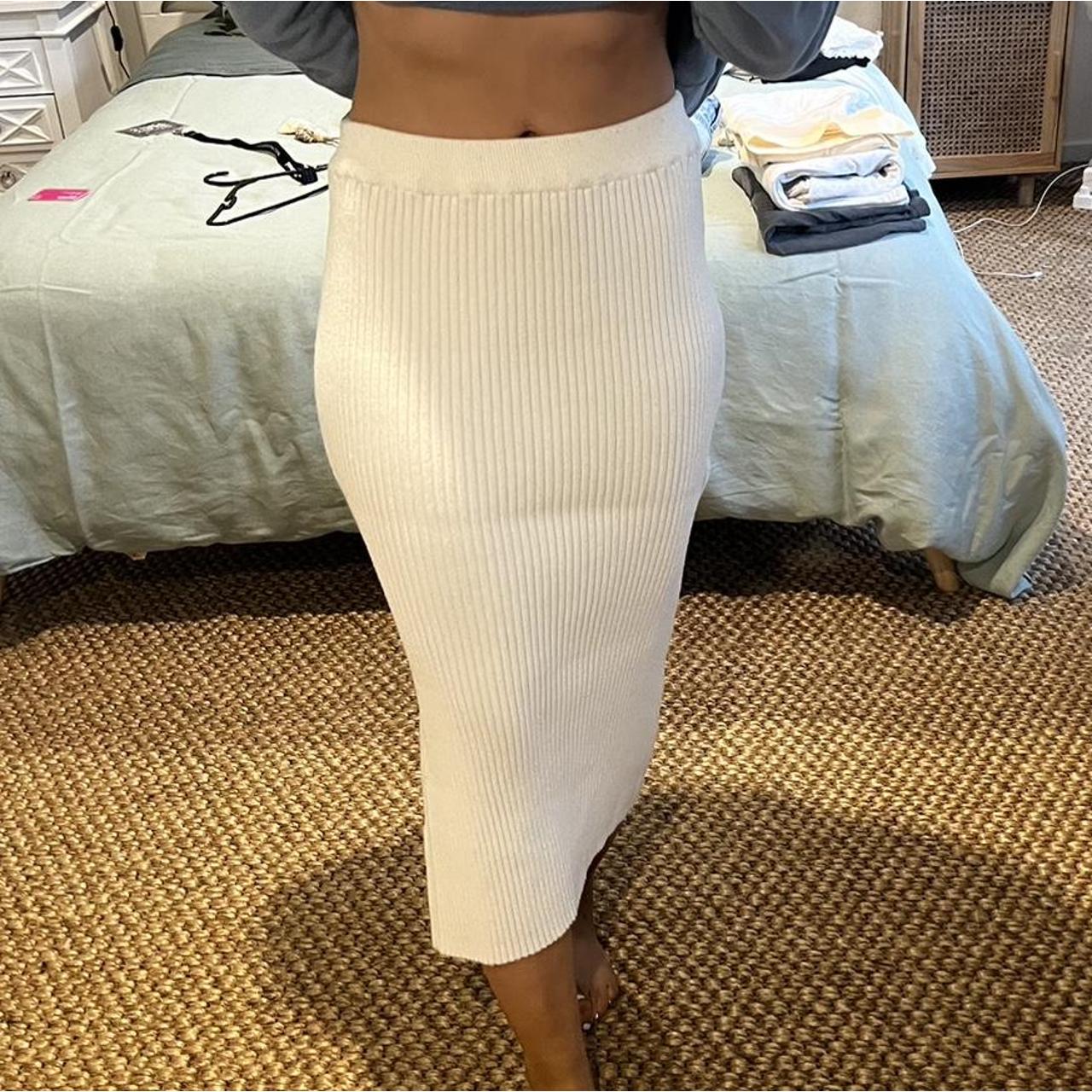 White knit midi skirt Labelled S/M shown worn on Depop