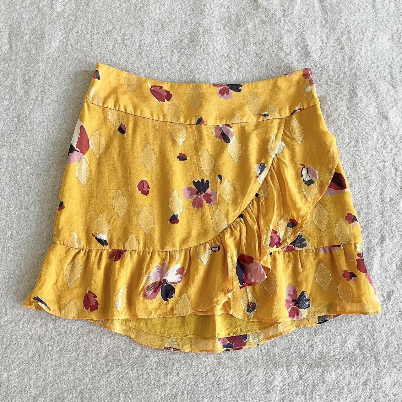 SEZANE::刺繍ワンピ−ス:38[RESALE] SEZANE Cassi marigold yellow ruffle mini skirt! Cute | Depop
