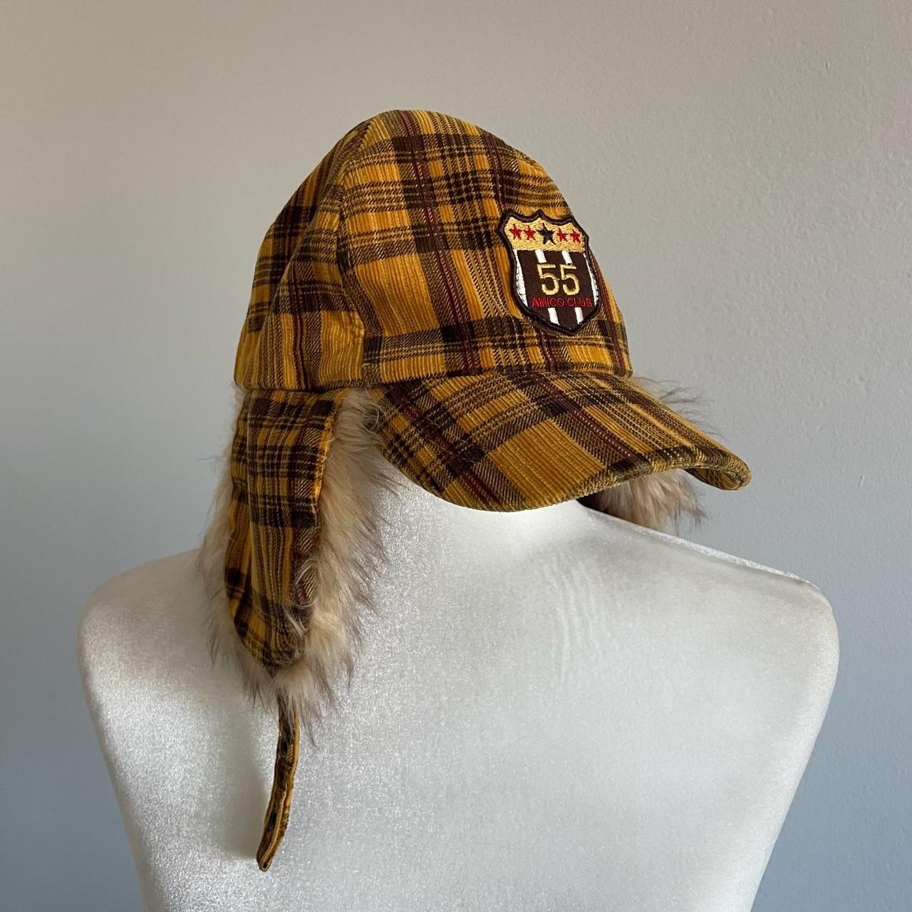 Plaid yellow brown trapper ushanka faux fur earflap... Depop