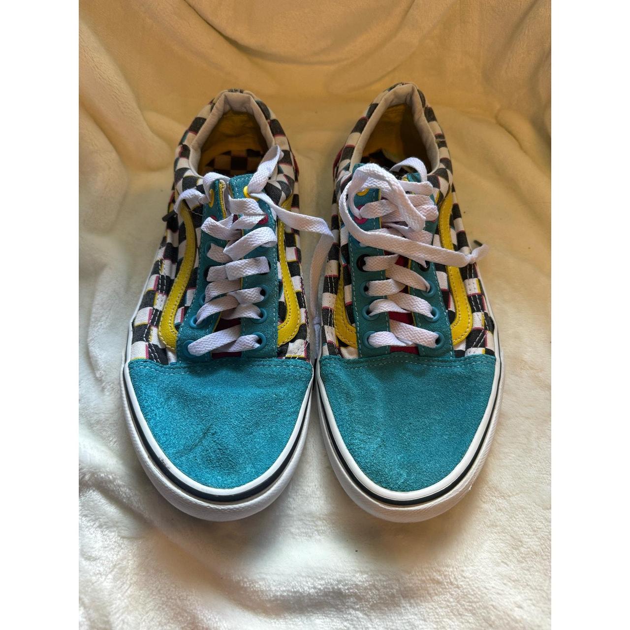 Teal Yellow and Pink Checkered Suede Vans Women s. Depop