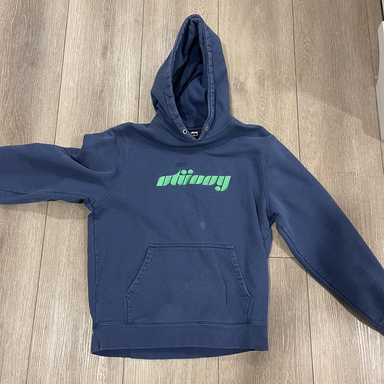 navy stussy hoodie with neon green stitch with a... - Depop