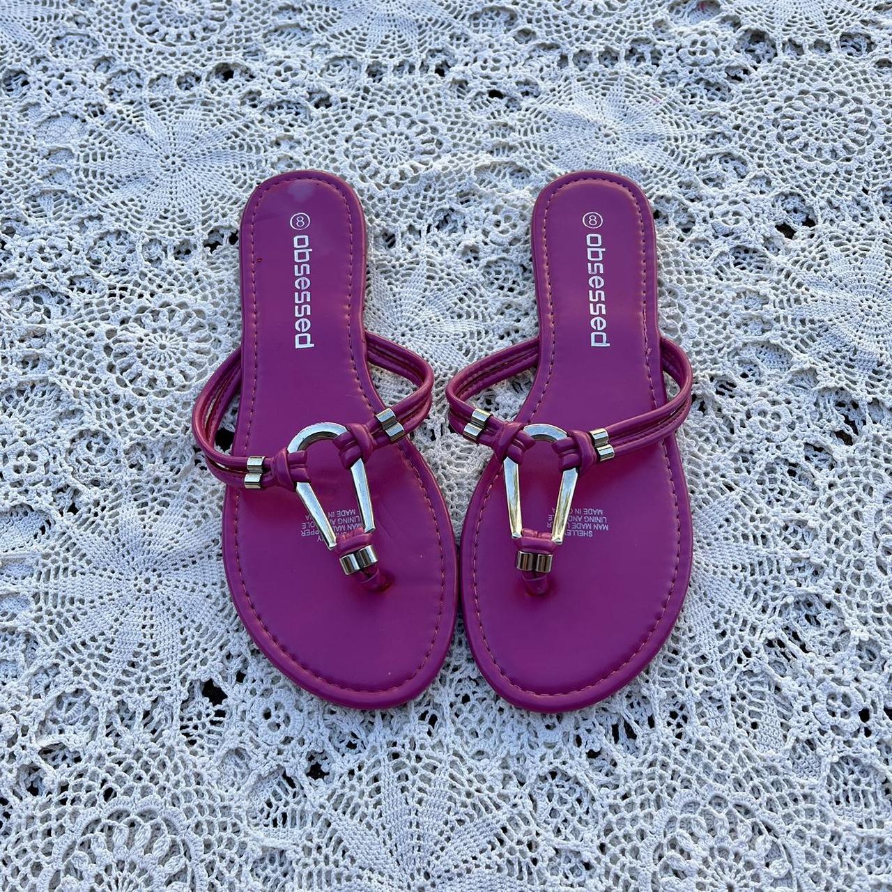 Y2K 1990s Vintage Pink Silver Sandal Thong... Depop