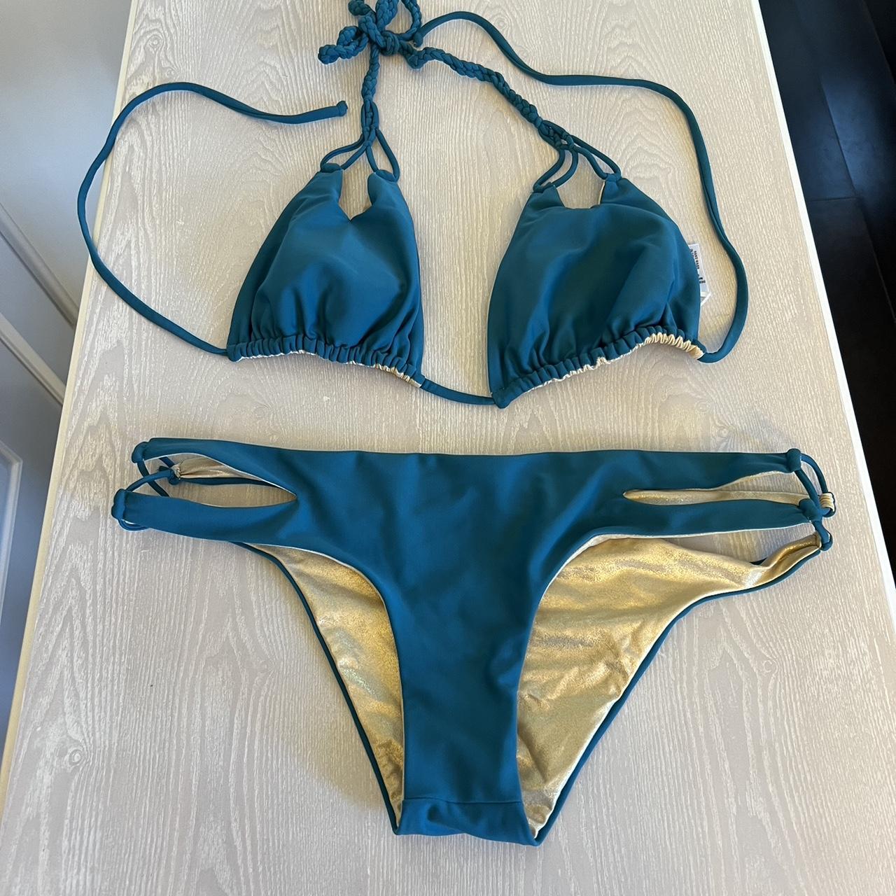 Luli Fama Bikini set reversible turquoise & gold top... - Depop