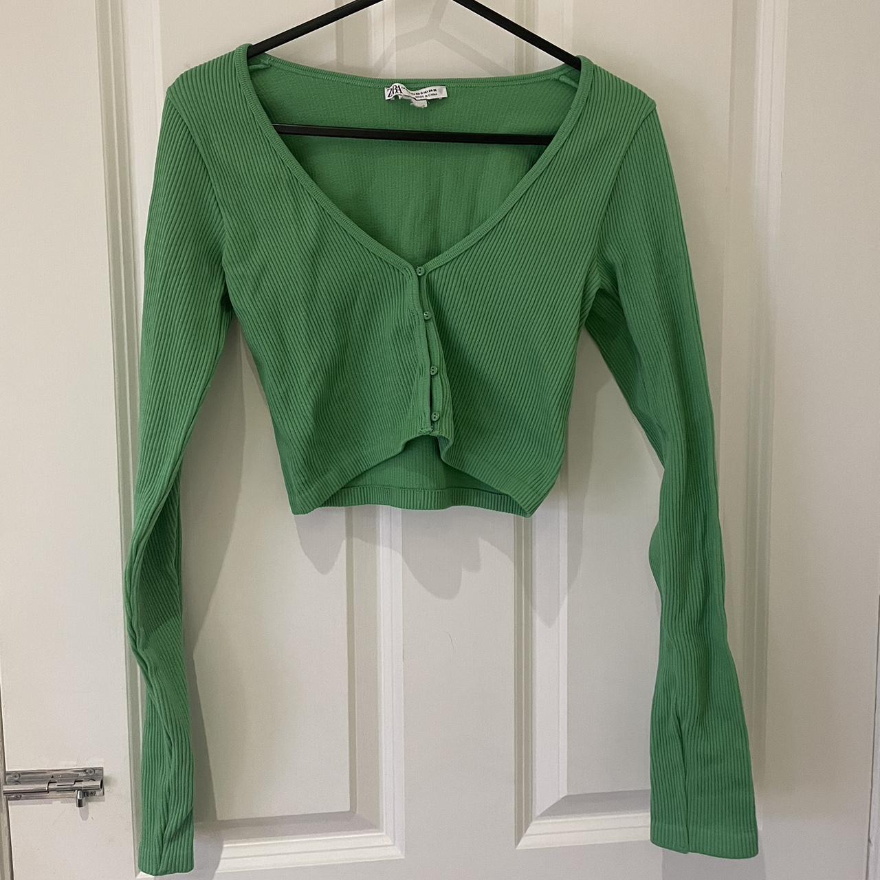 Zara Green Ribbed Button Up Crop Top Perfect Depop