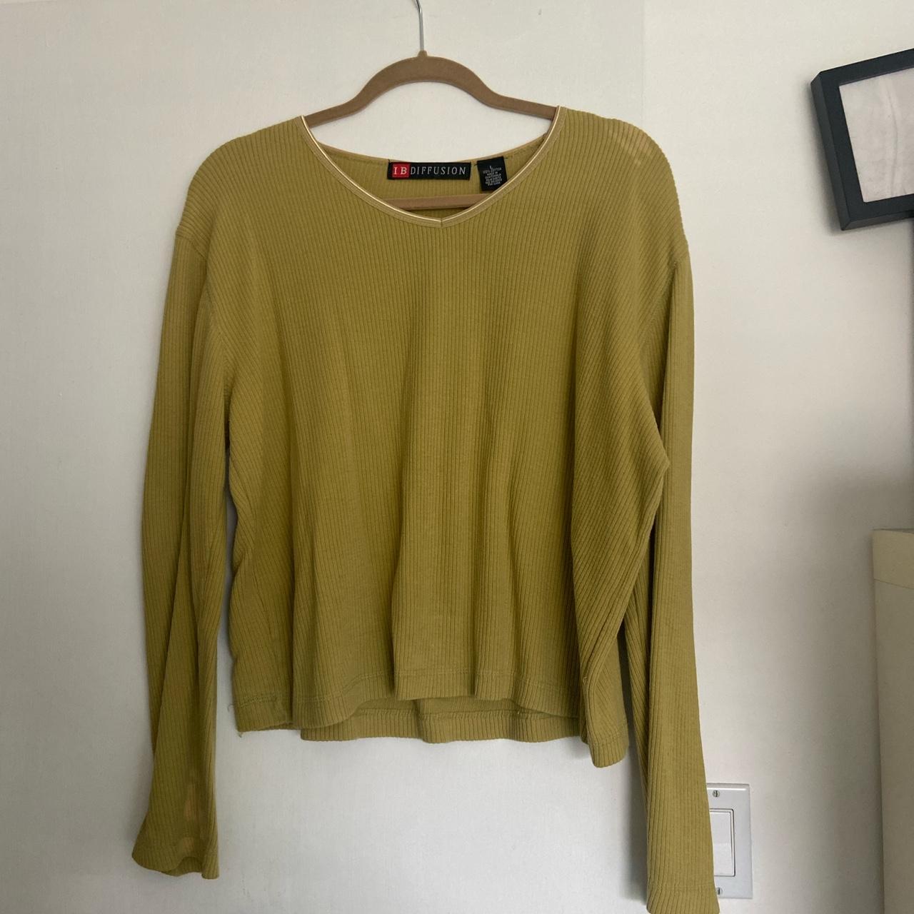 Vintage chartreuse green ribbed sweater with satin... - Depop