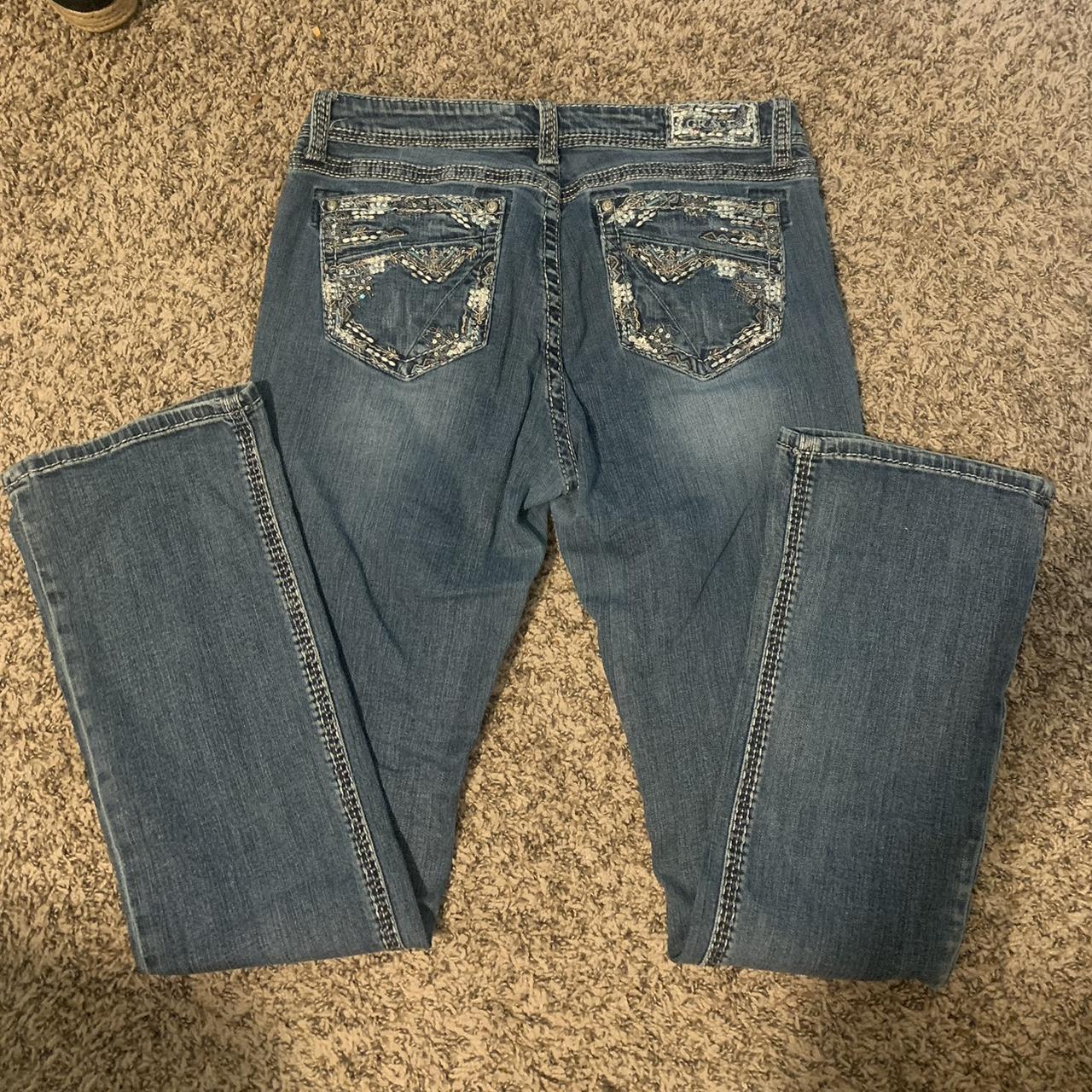 y2k low waisted bedazzled grace bootcut jeans - Depop