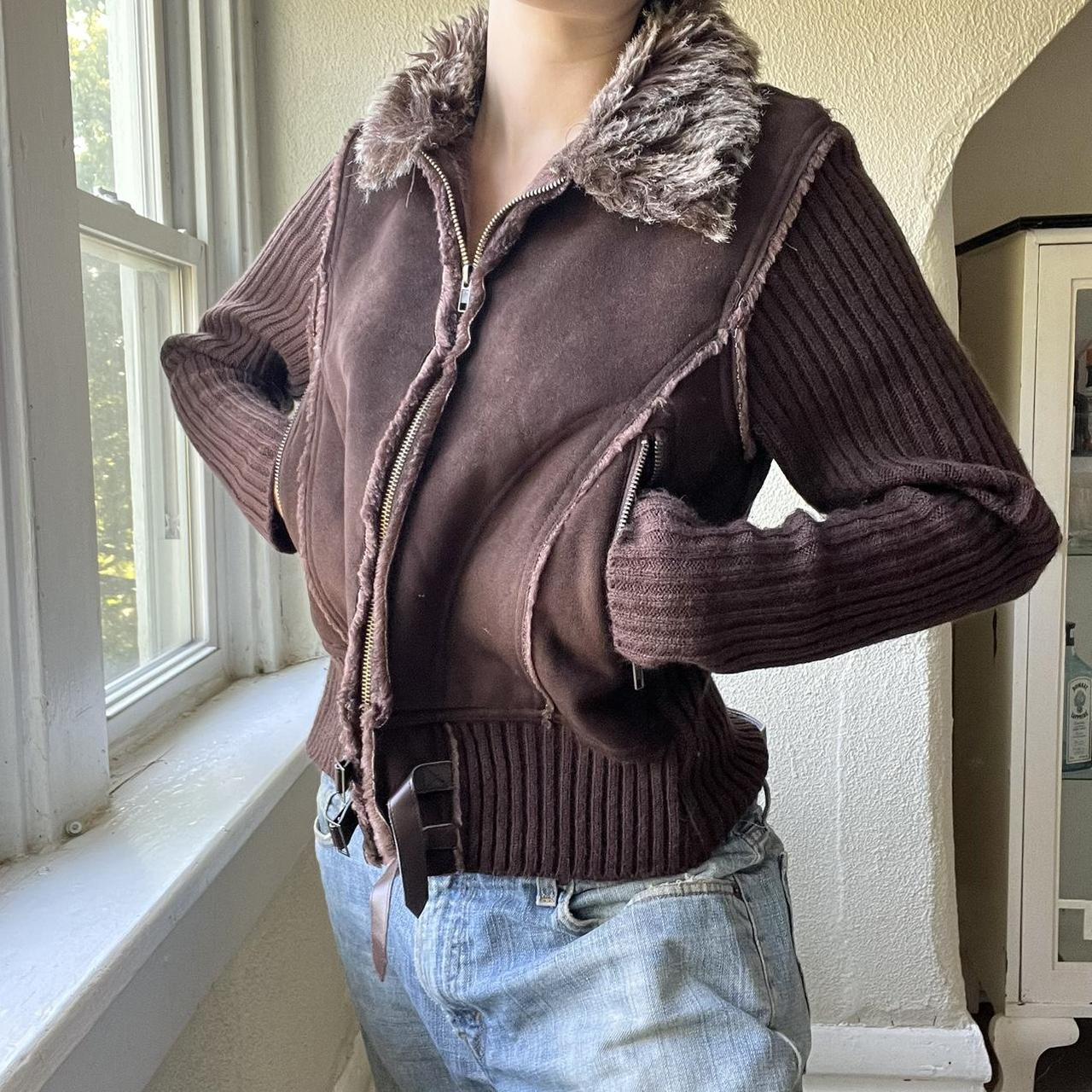 vintage say what? y2k brown faux fur lined sweater... Depop