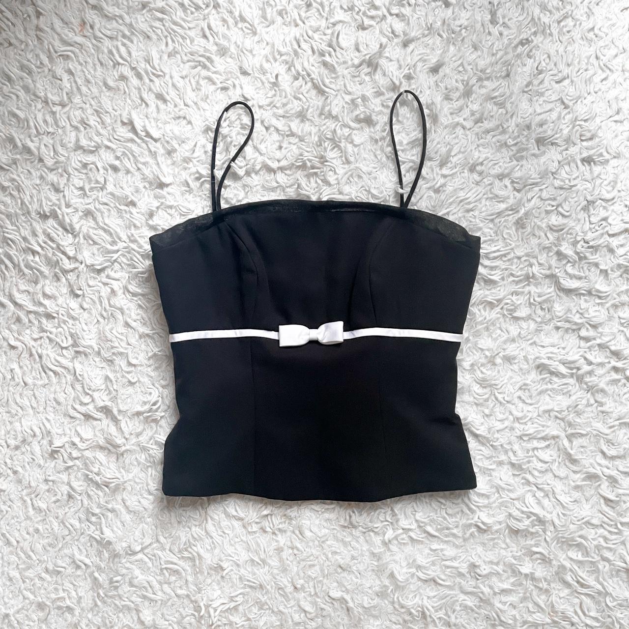 Y2K black corset cami top with white trim ribbon... - Depop