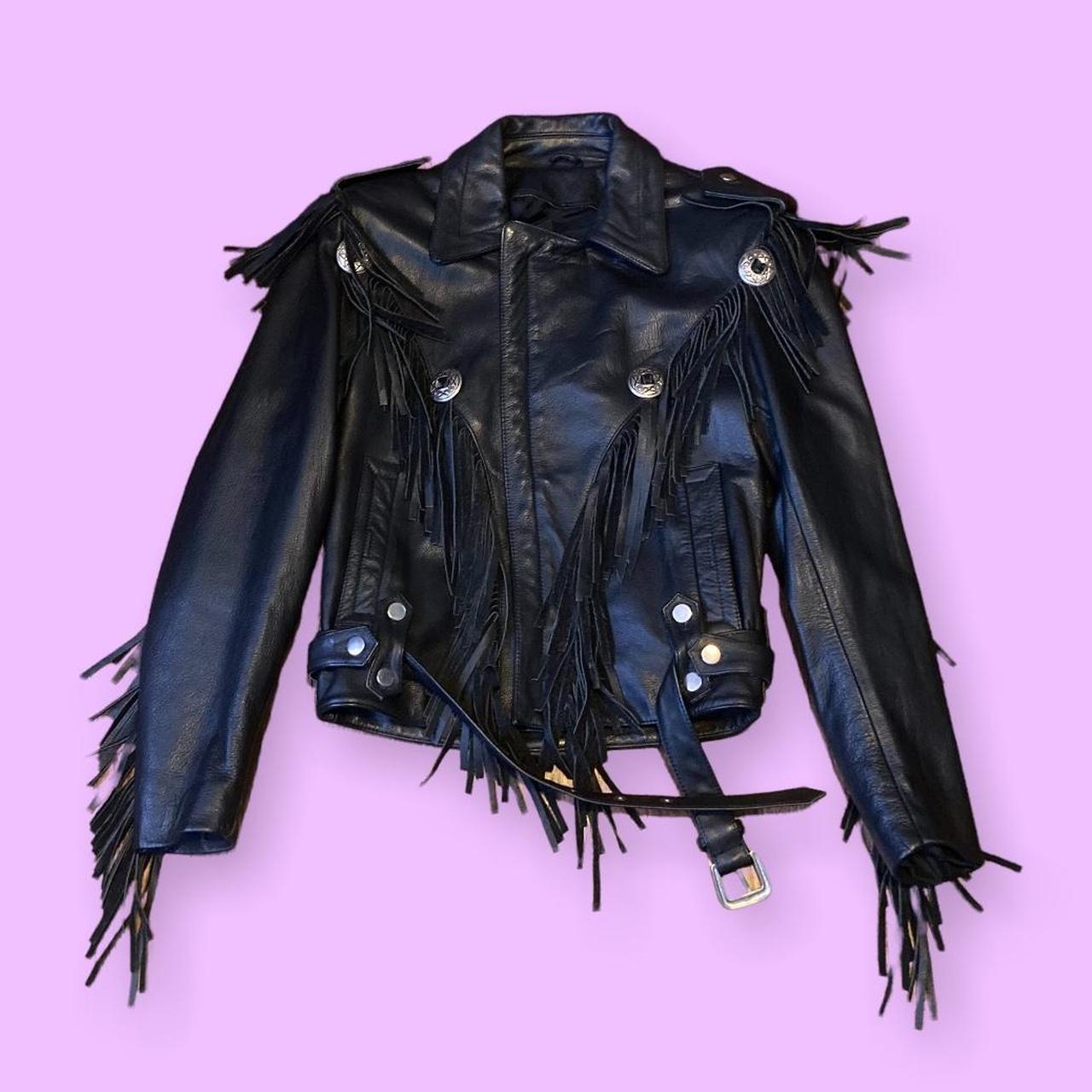 Vintage black leather jacket with tassels has big... - Depop