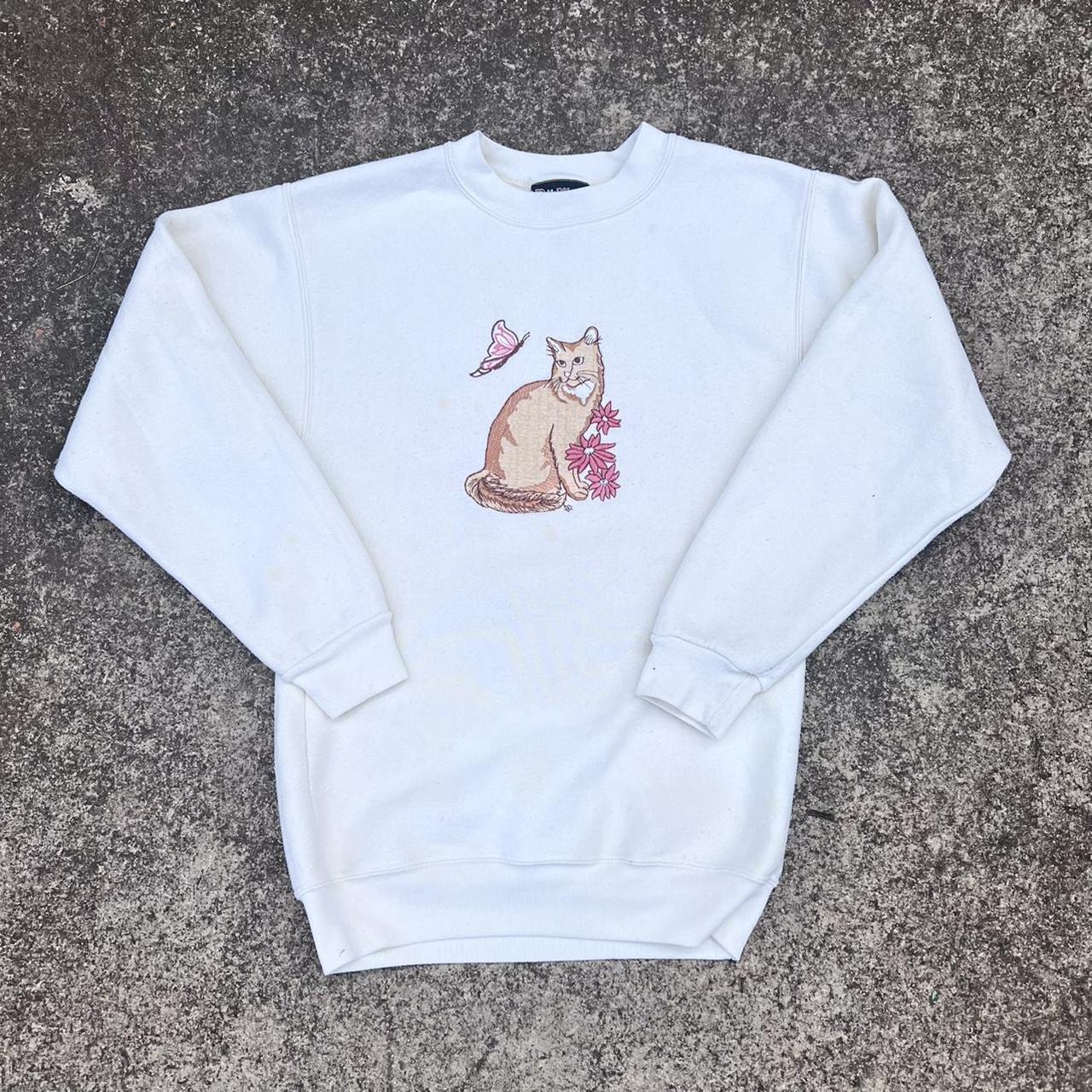 vintage embroidered cat crewneck cutest off white... - Depop