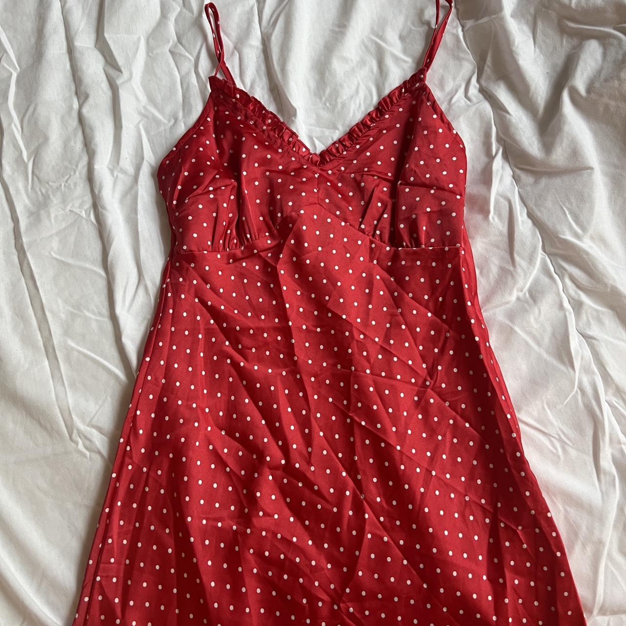 Midi Red Polka Dot Slip Dress with adjustable... - Depop