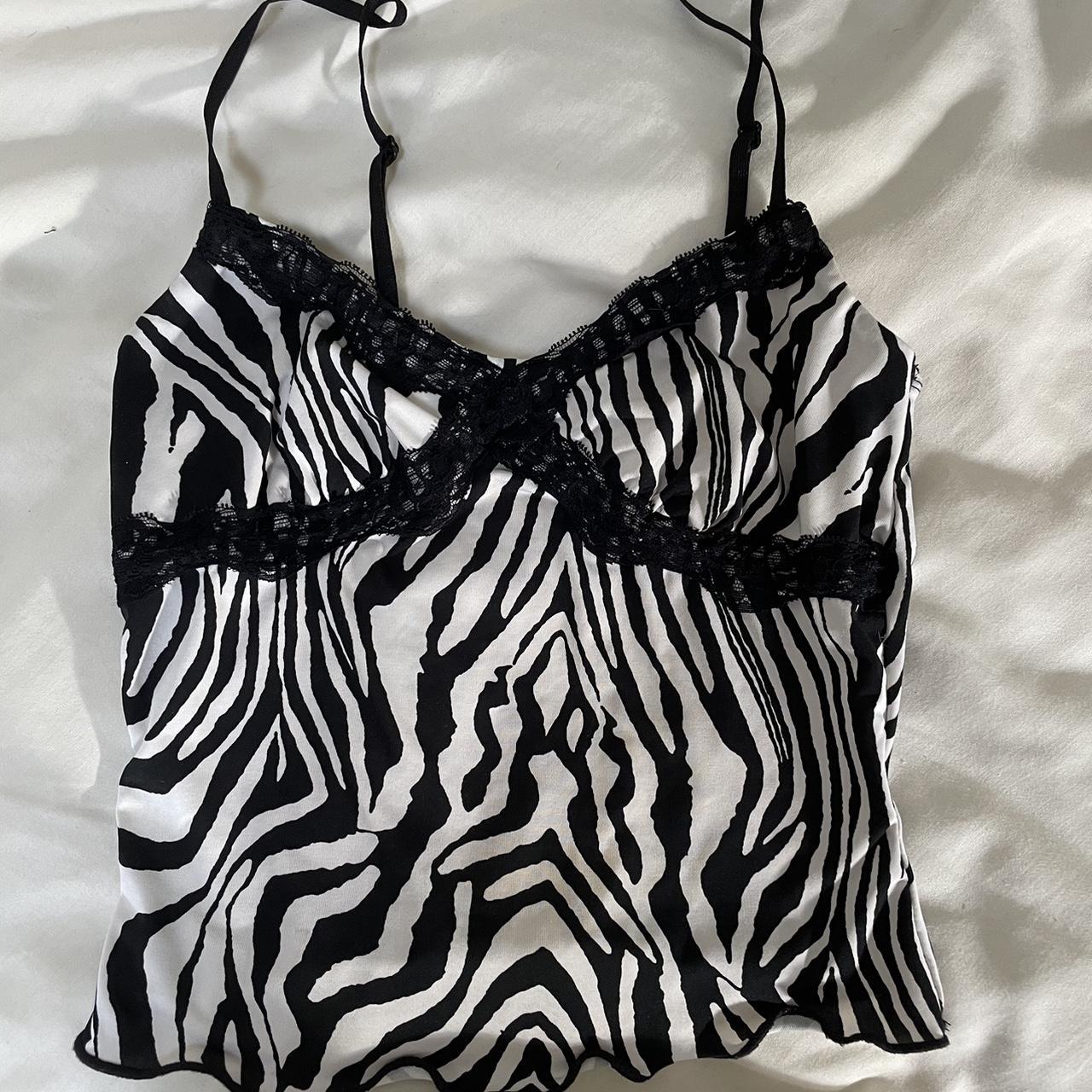 y2k zebra print contrast lace cami top adjustable... - Depop