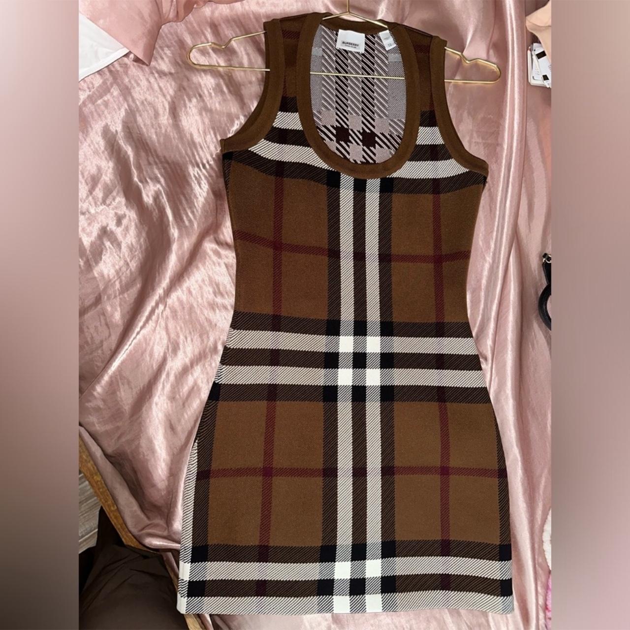 Burberry brown check knit fitted mini dress w zipper