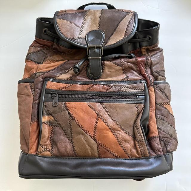 Vintage 80s Leather Patchwork Backpack brown... - Depop