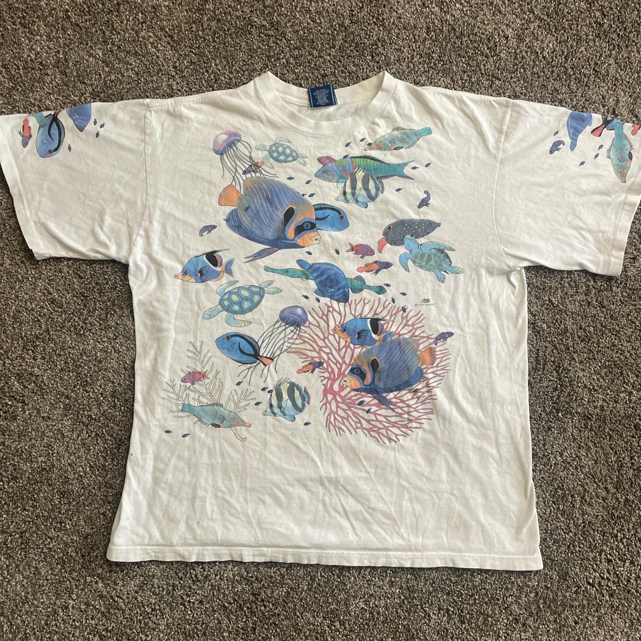 Vintage 90s all over print ocean fish shirt size... - Depop