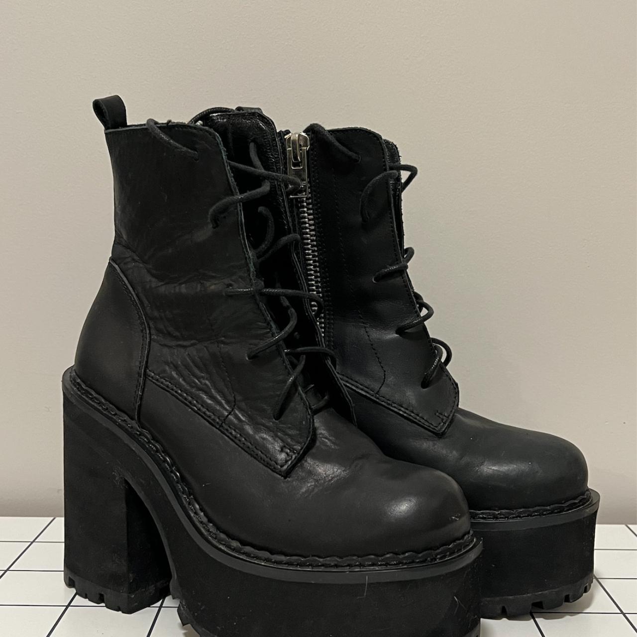 UNIF Black Choke Leather Black Boot Lace Up Platform... Depop
