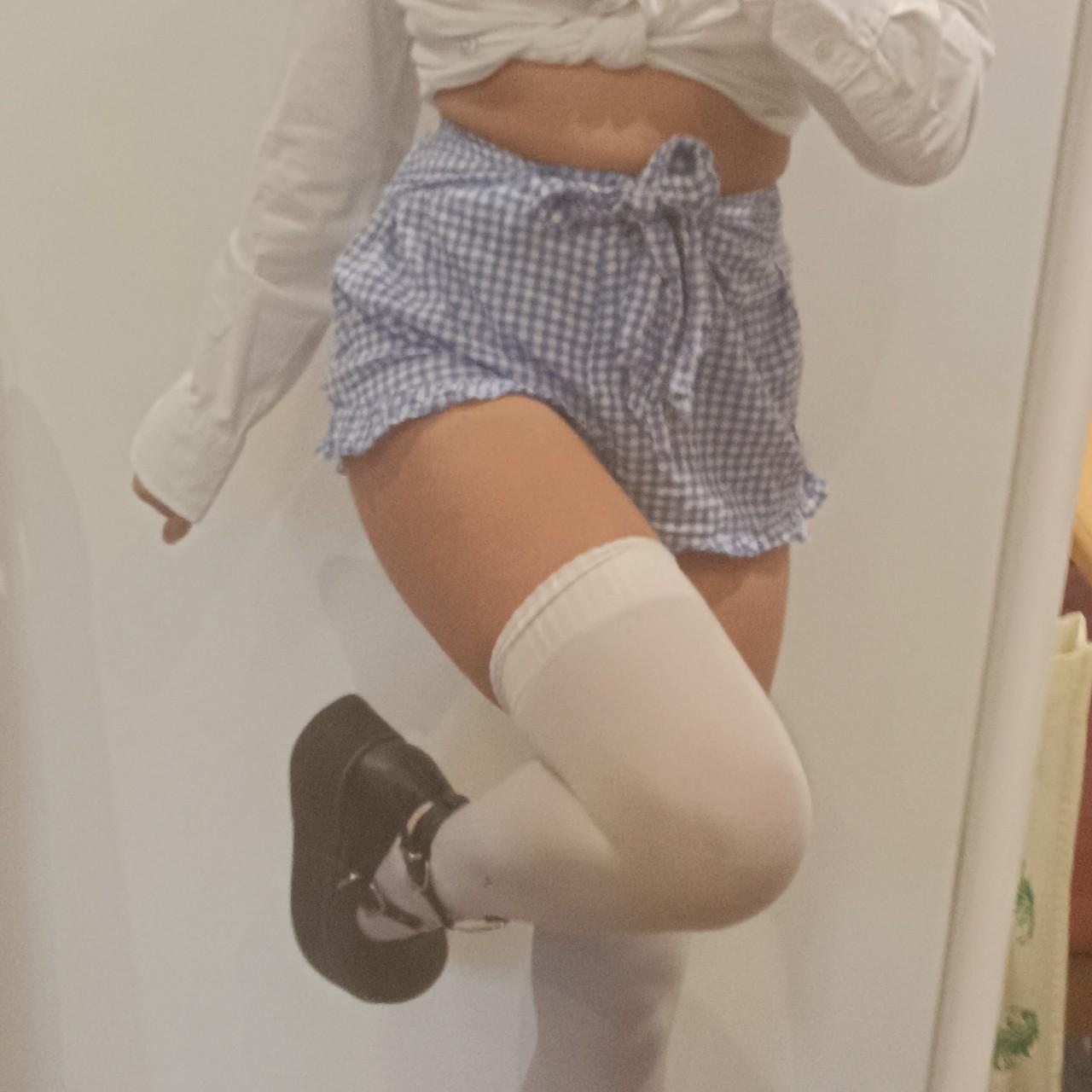 blue gingham shorts frill and bow details h&m size... - Depop