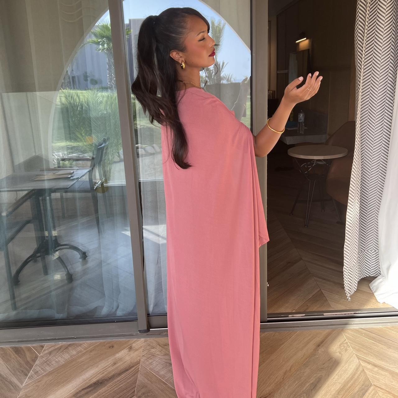 Pink maxi dress with a beautiful cape style - | Depop