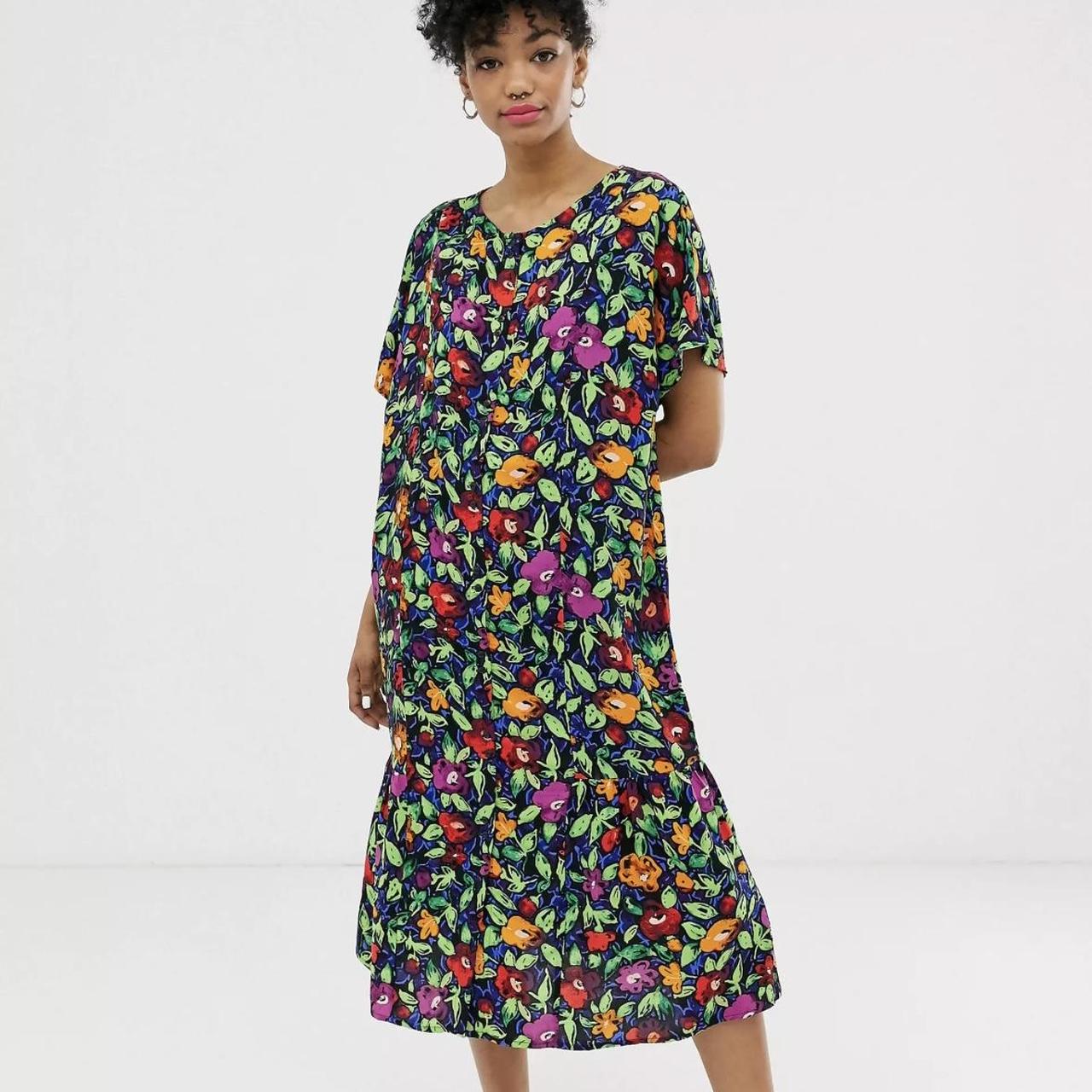 Monki Midi Dress With Button Detail Floral Print Size M - Depop
