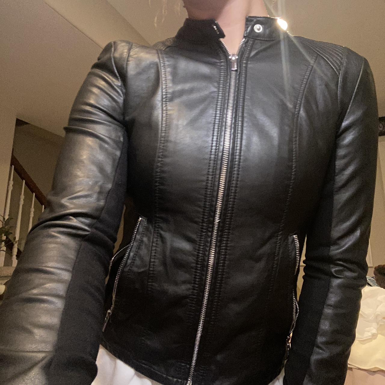 guess leather jacket with silver detailing - Depop