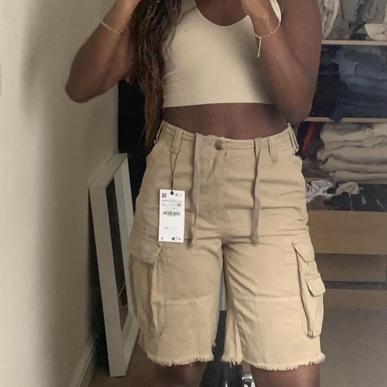 Zara utility bermuda cargo shorts in camel Oversized... Depop