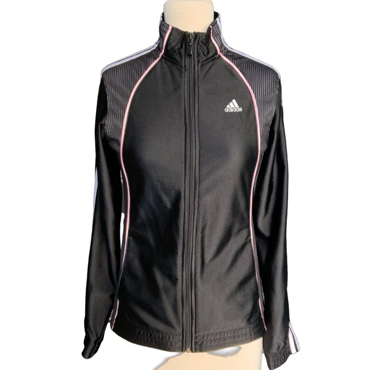 Black adidas jacket with pink stripes hotsell