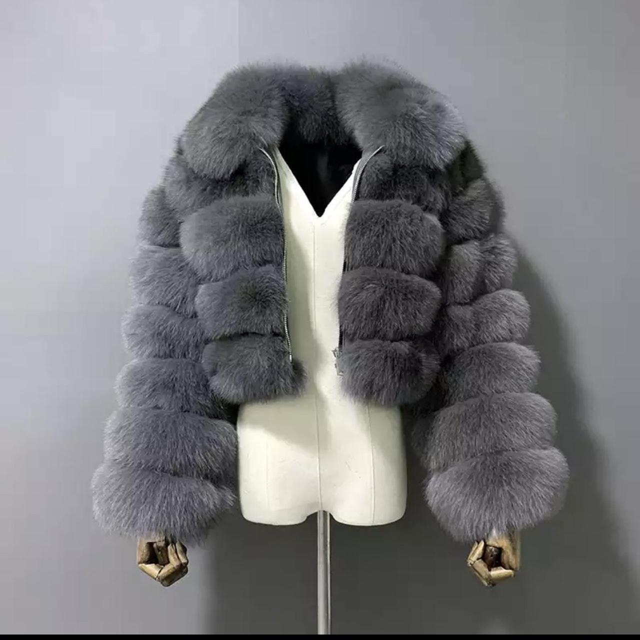 GREY FOX FUR COAT Zips up perfectly worn about 3... - Depop