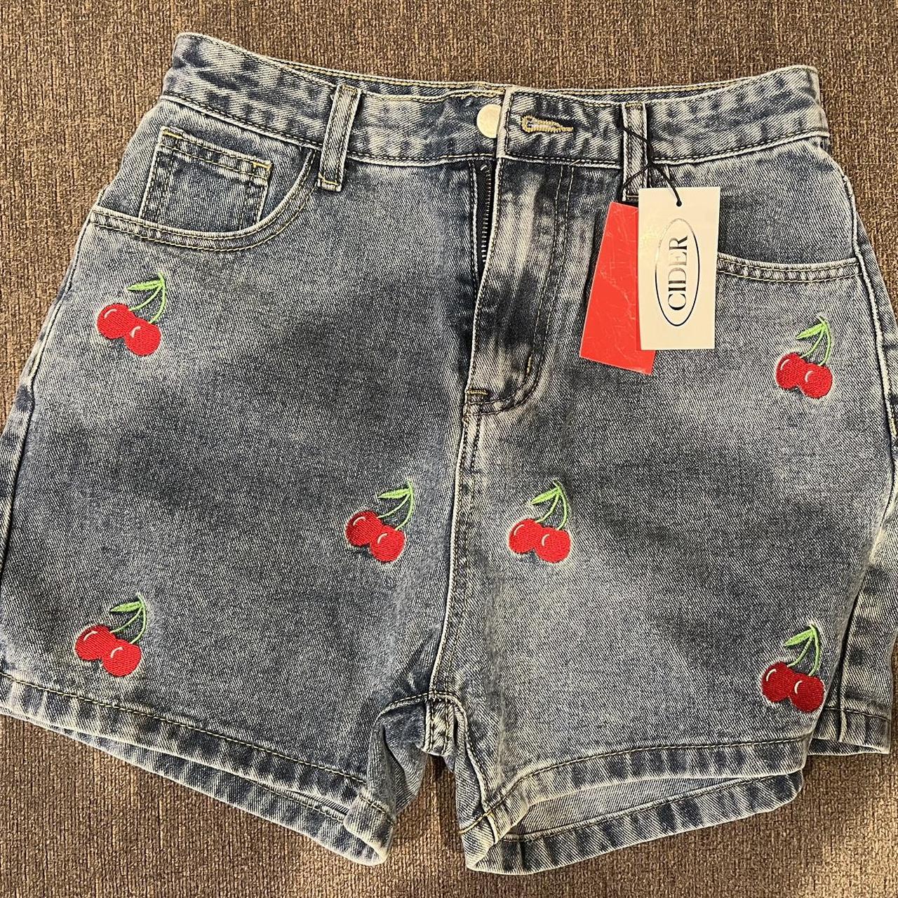 Cider denim shorts with cherries. Size small Depop