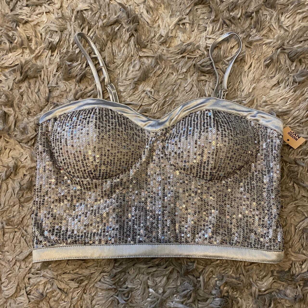 Silver Sequin Crop Top With Padded Cups Size Depop