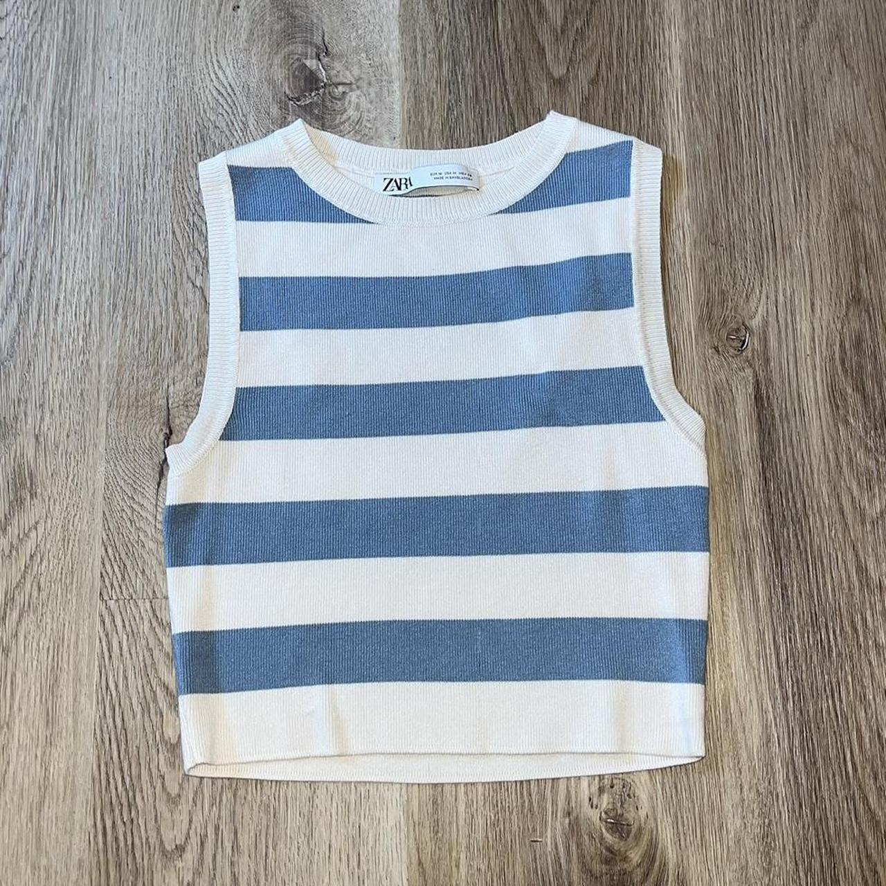 White and blue striped cropped knit tank top from | Depop