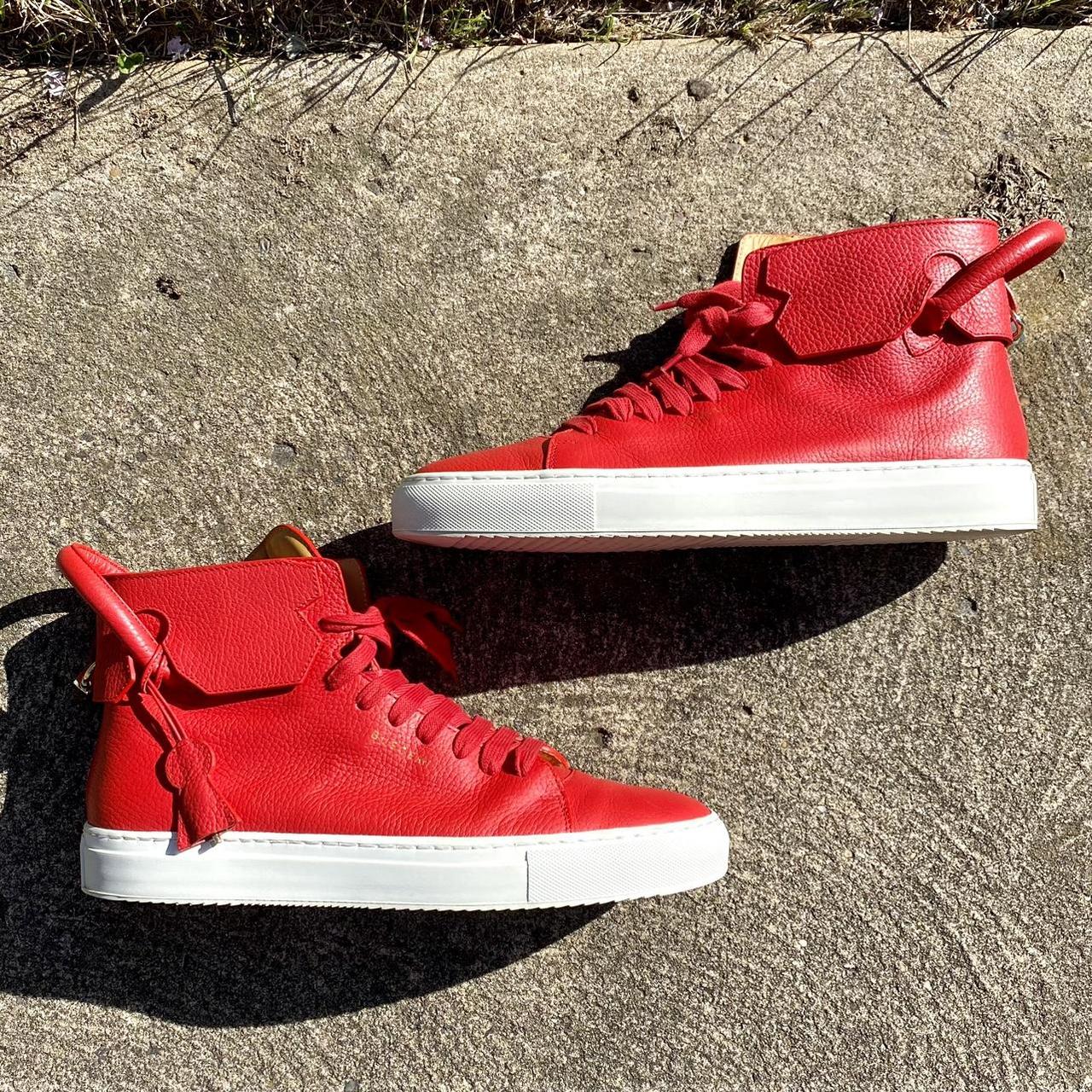 Buscemi Red / White Leather High-Top Sneakers 45... - Depop