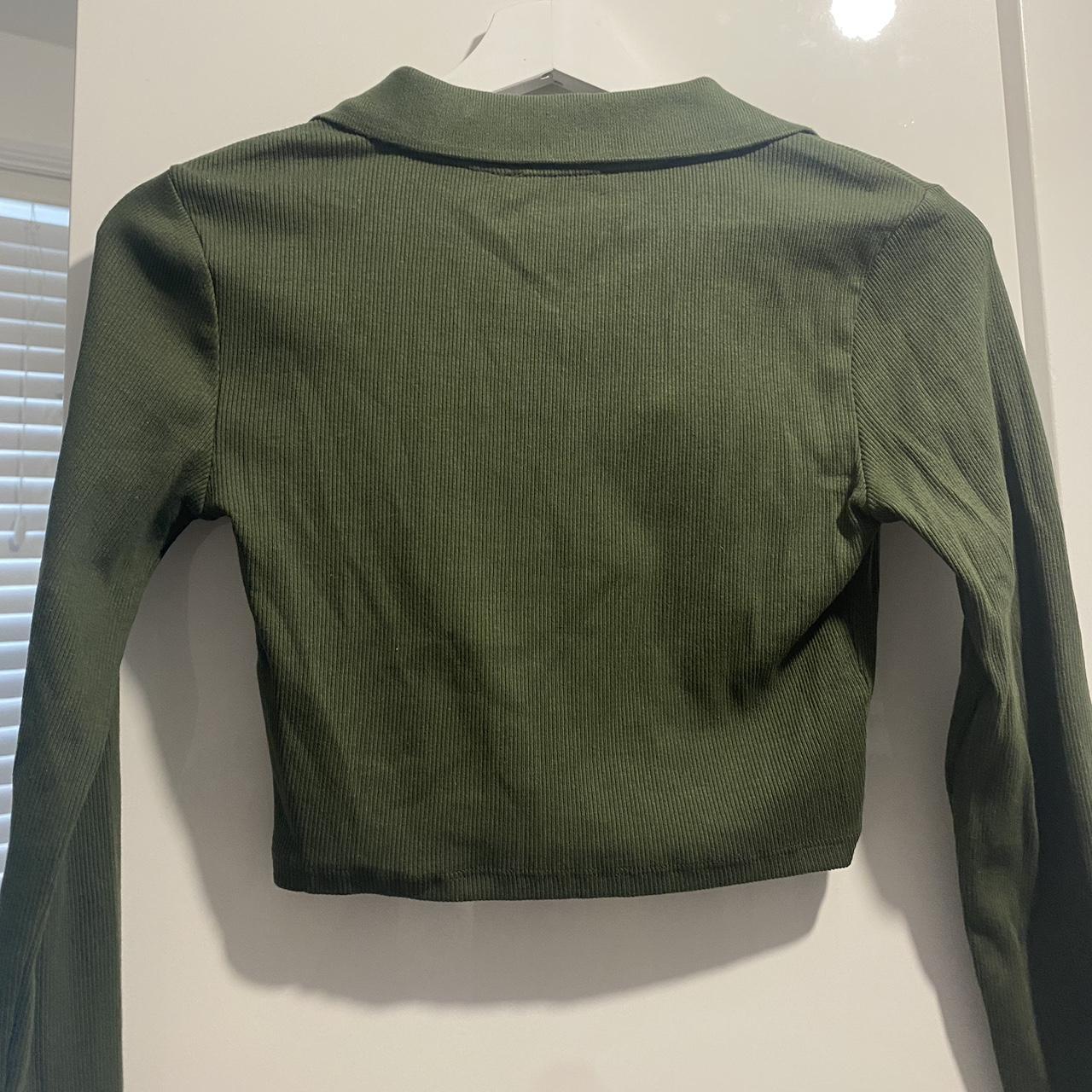 Zara Khaki Green Long Sleeve Crop Top V-Neck... - Depop