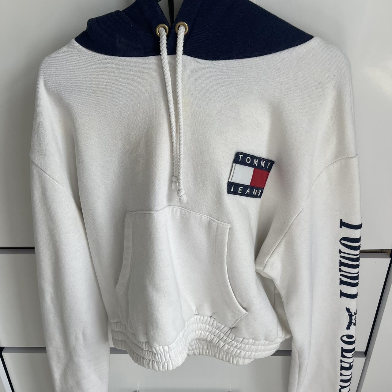 Tommy Hilfiger crop white hoodie with blue hood. So... - Depop