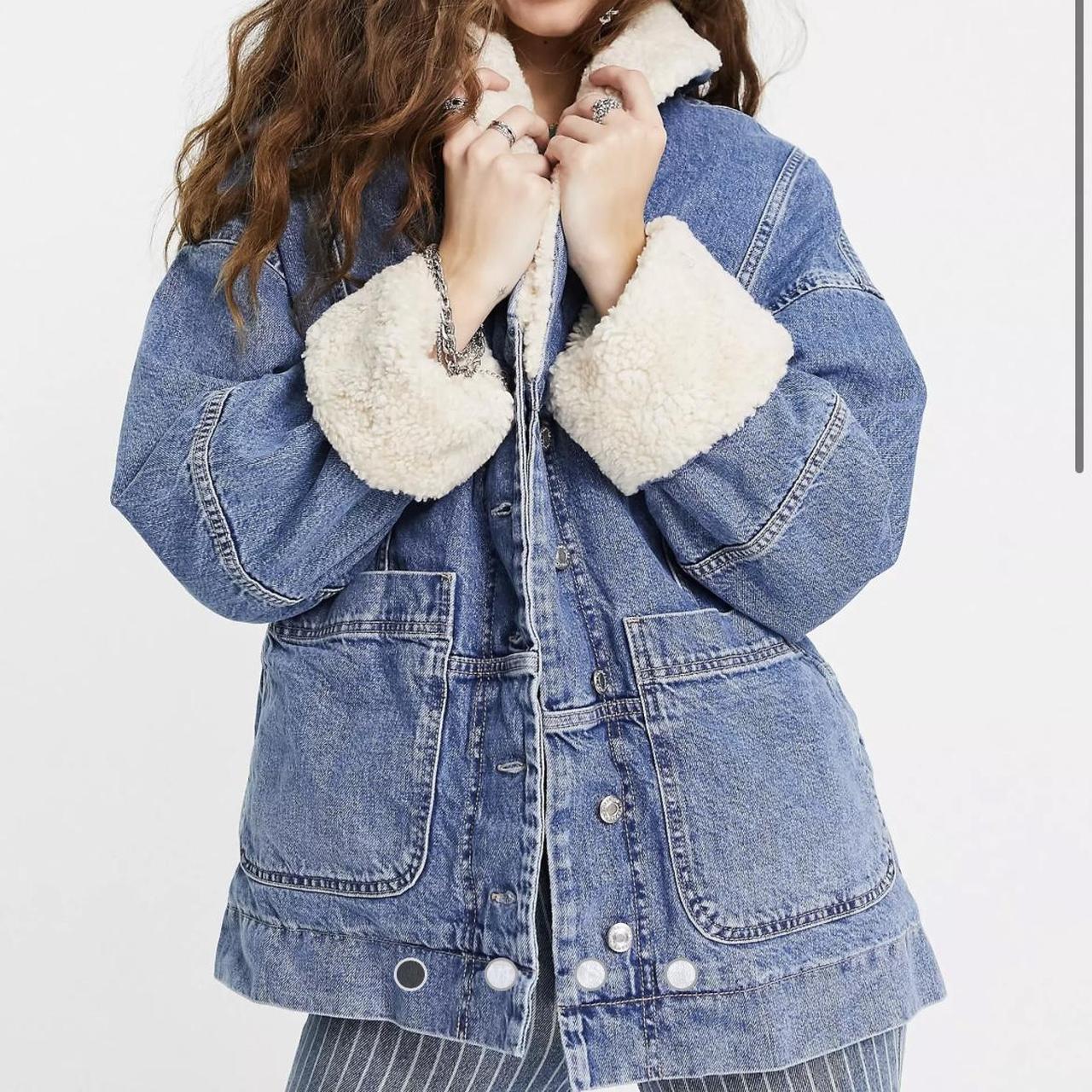 sherpa denim jacket oversized worn... Depop