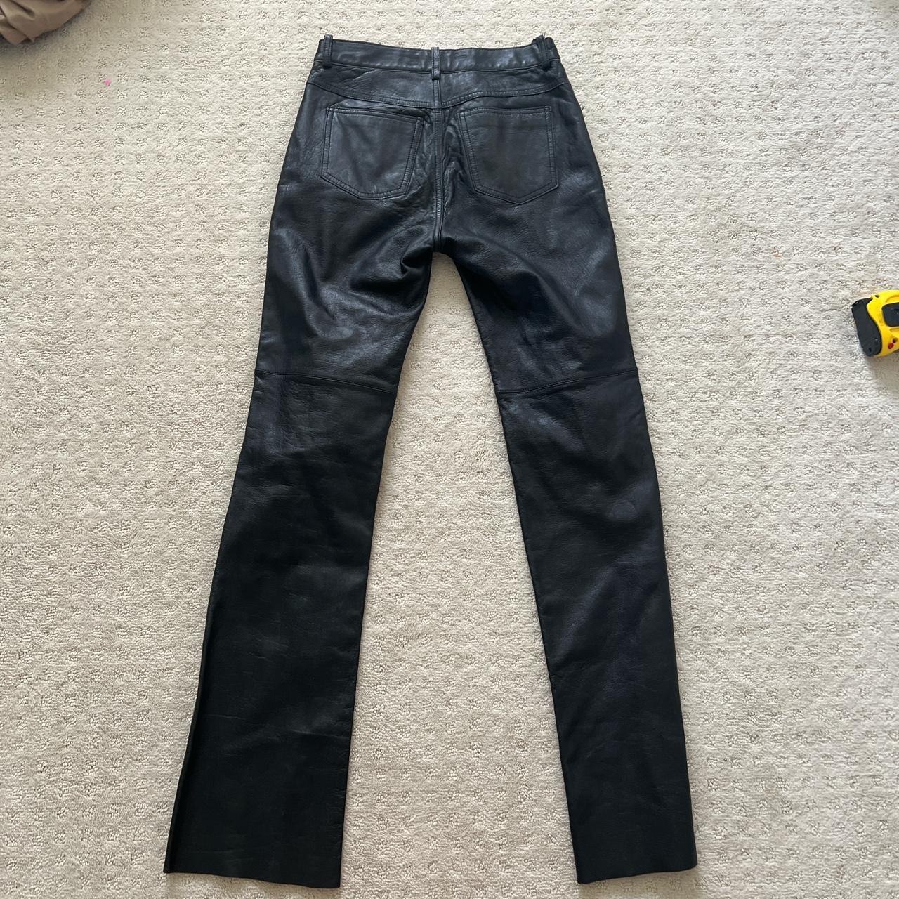 vintage black leather flare boot cut pants with a... - Depop