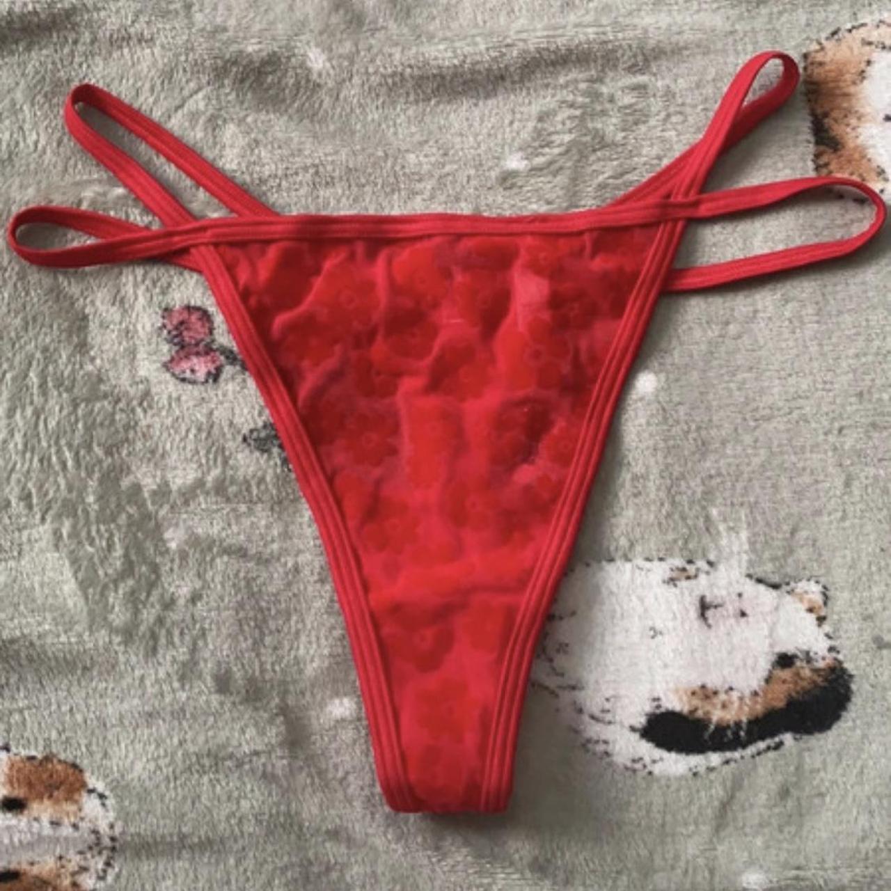 Red victoria’s secret thong with flower pattern.... - Depop