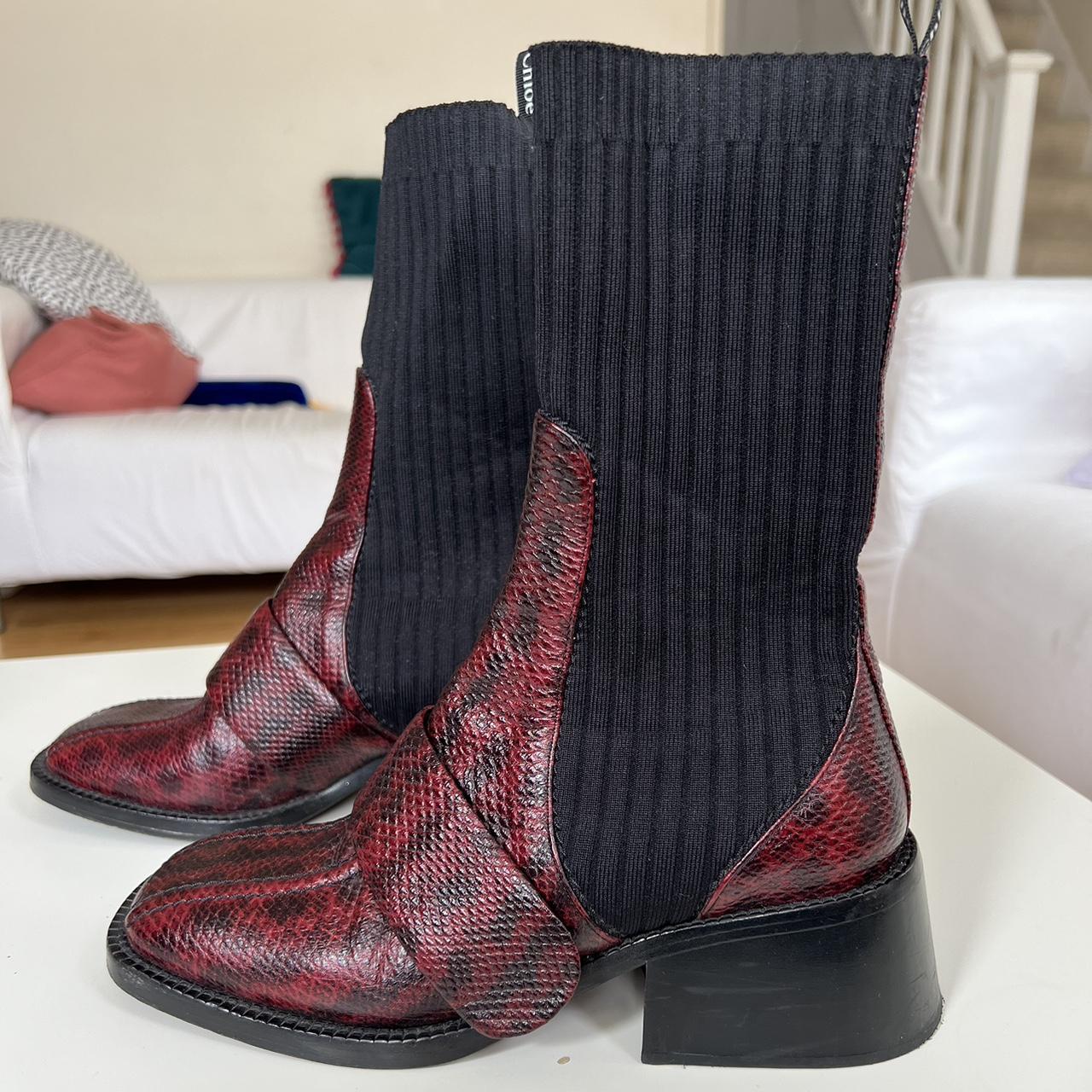 Chloe Red Bea Snake Print Sock Boots Worn only 3