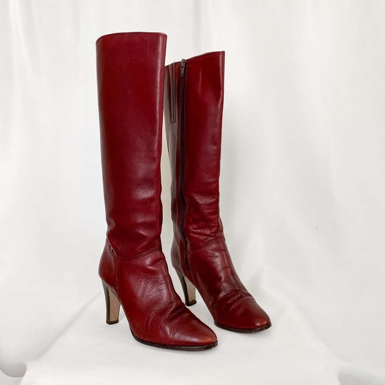 Vintage Dark Cherry Leather Knee High Boots SHOP... - Depop