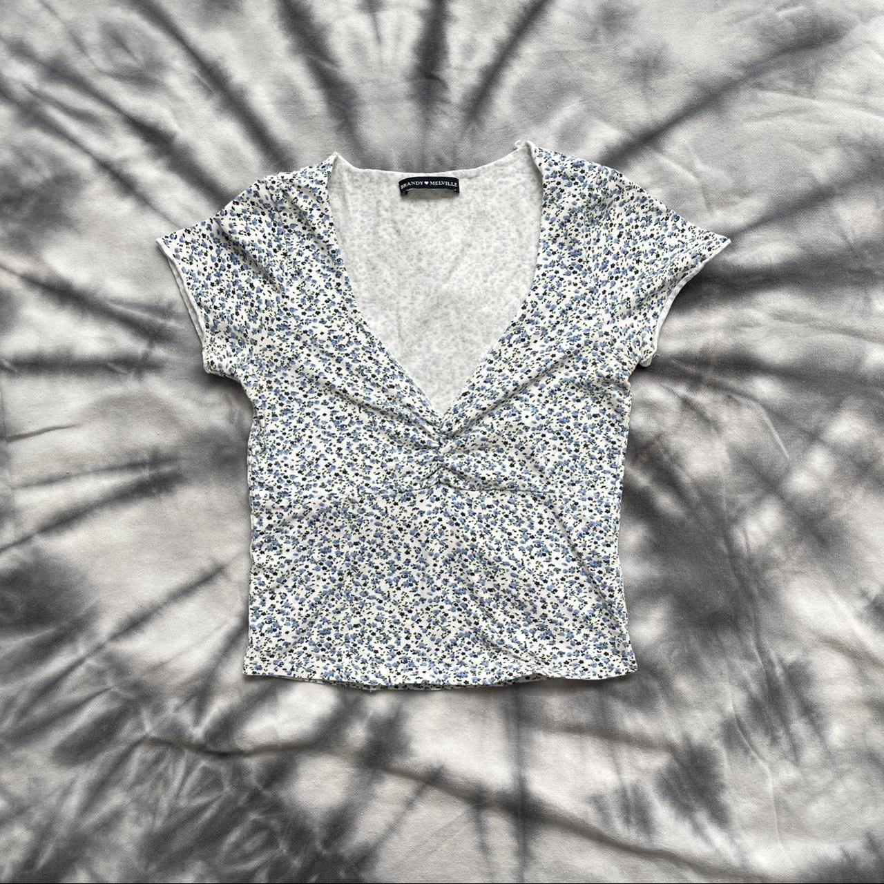 brandy melville blue floral gina top - short sleeve... - Depop