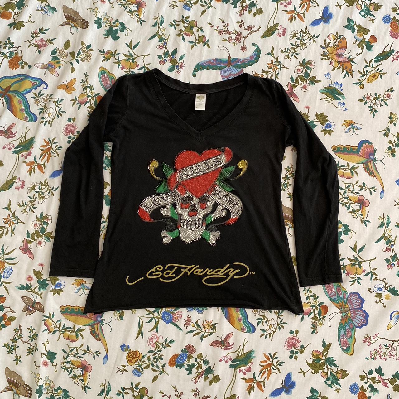 Ed Hardy Women's Black and Red Shirt | Depop