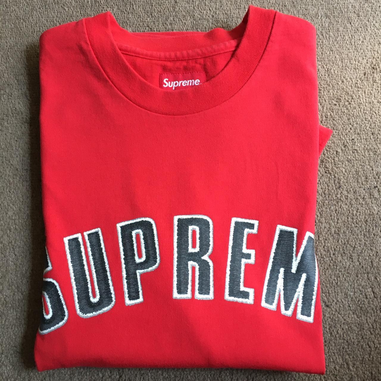 Supreme Women S Red And Navy T Shirt Depop