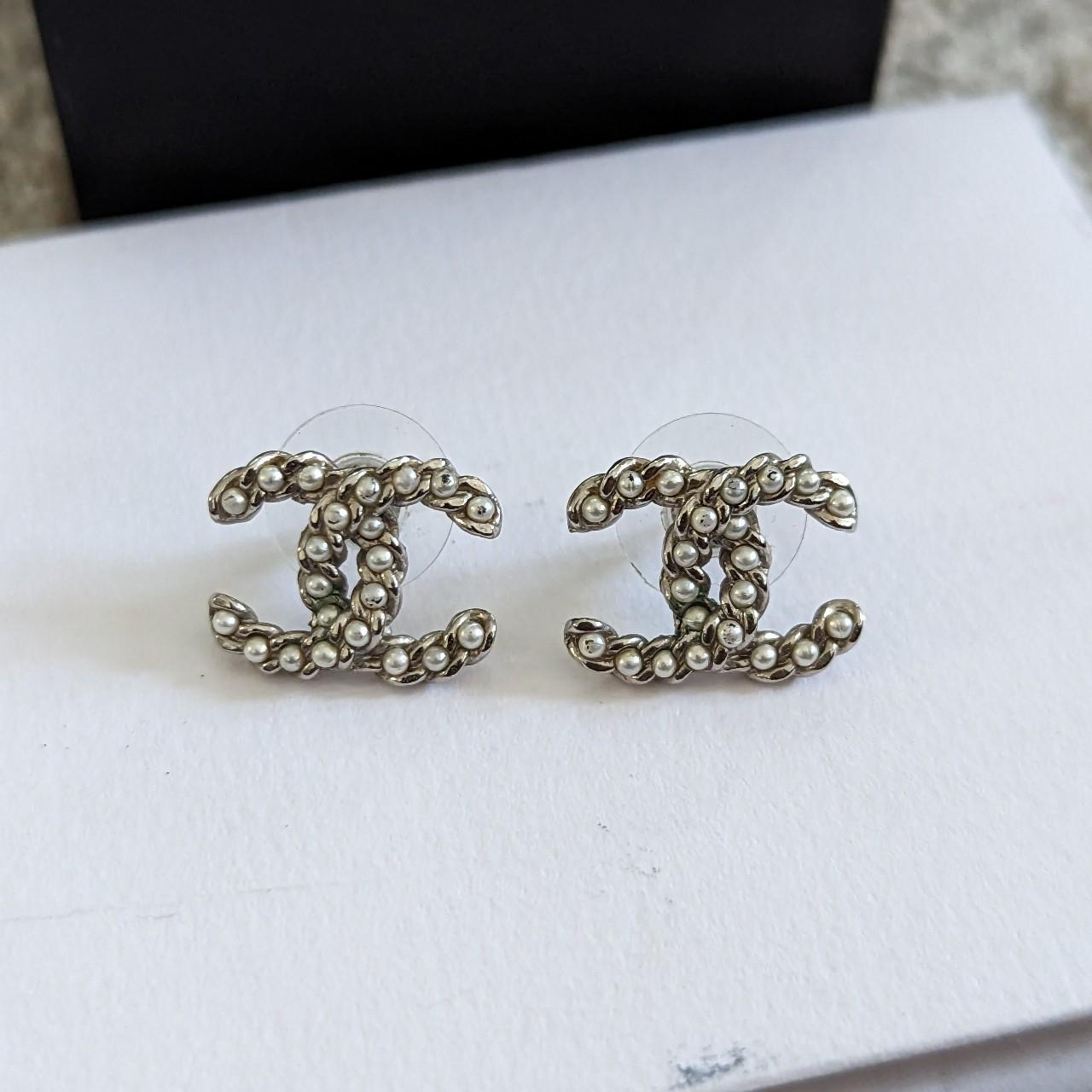 Chanel CC Earrings. Silver with Pearl. Purchased at... - Depop