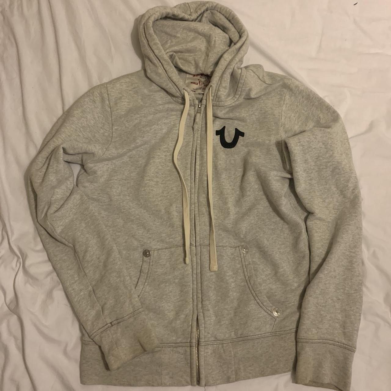 Grey true religion hoodie Size small slightly... Depop