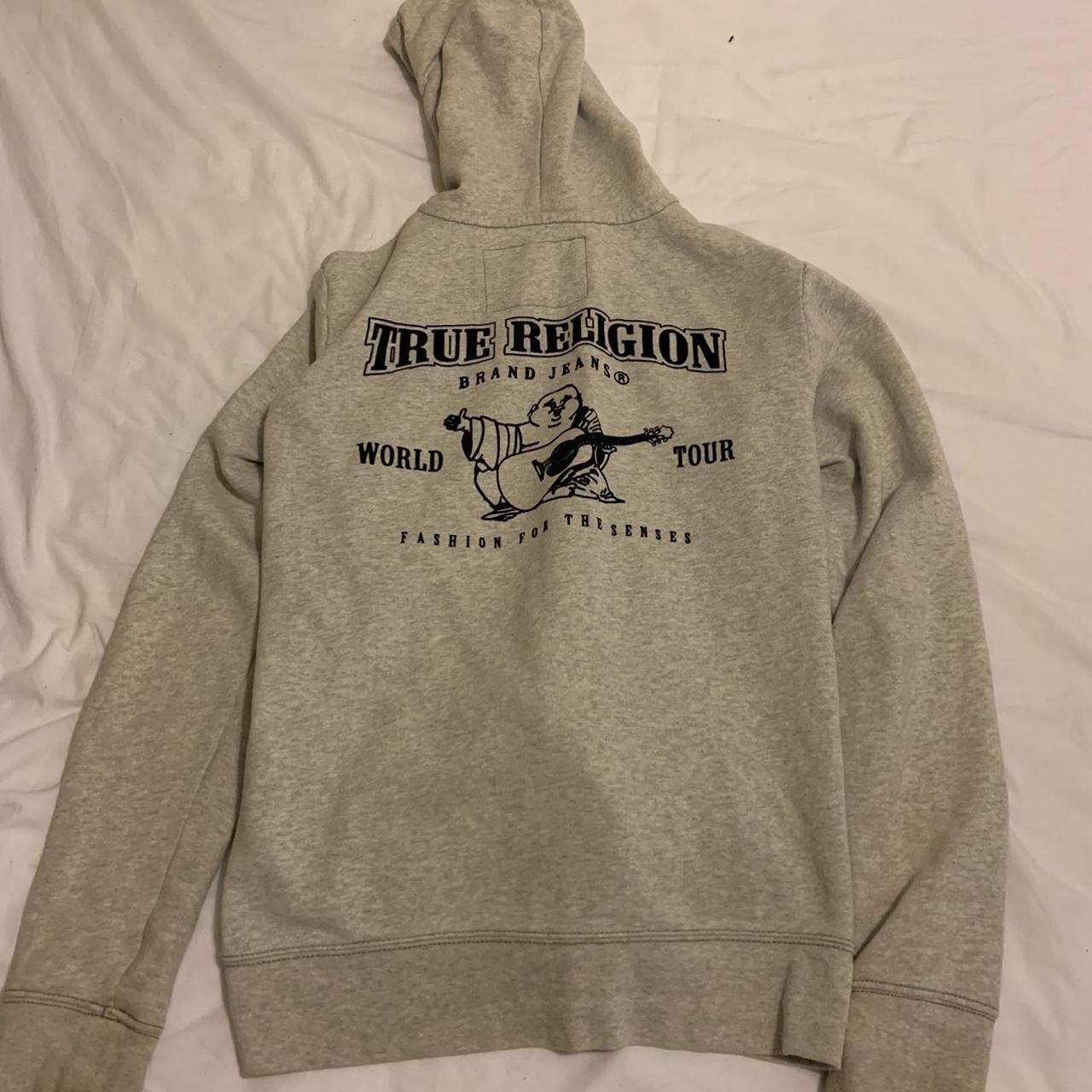 Grey true religion hoodie Size small - slightly... - Depop