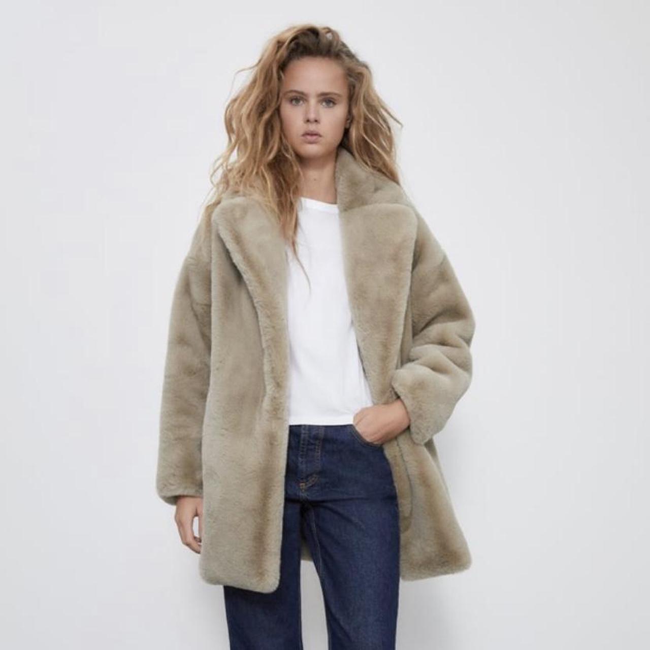 ZARA Faux Fur Fall Winter Coat in Light Brown... - Depop